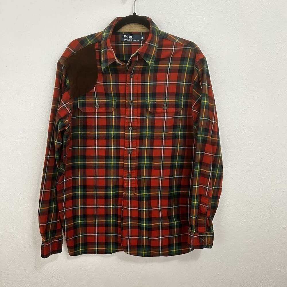 VTG 90s Polo Ralph Lauren Sportsman Plaid Flannel Suede Patch Shooting Shrt Sz L - Picture 7 of 11